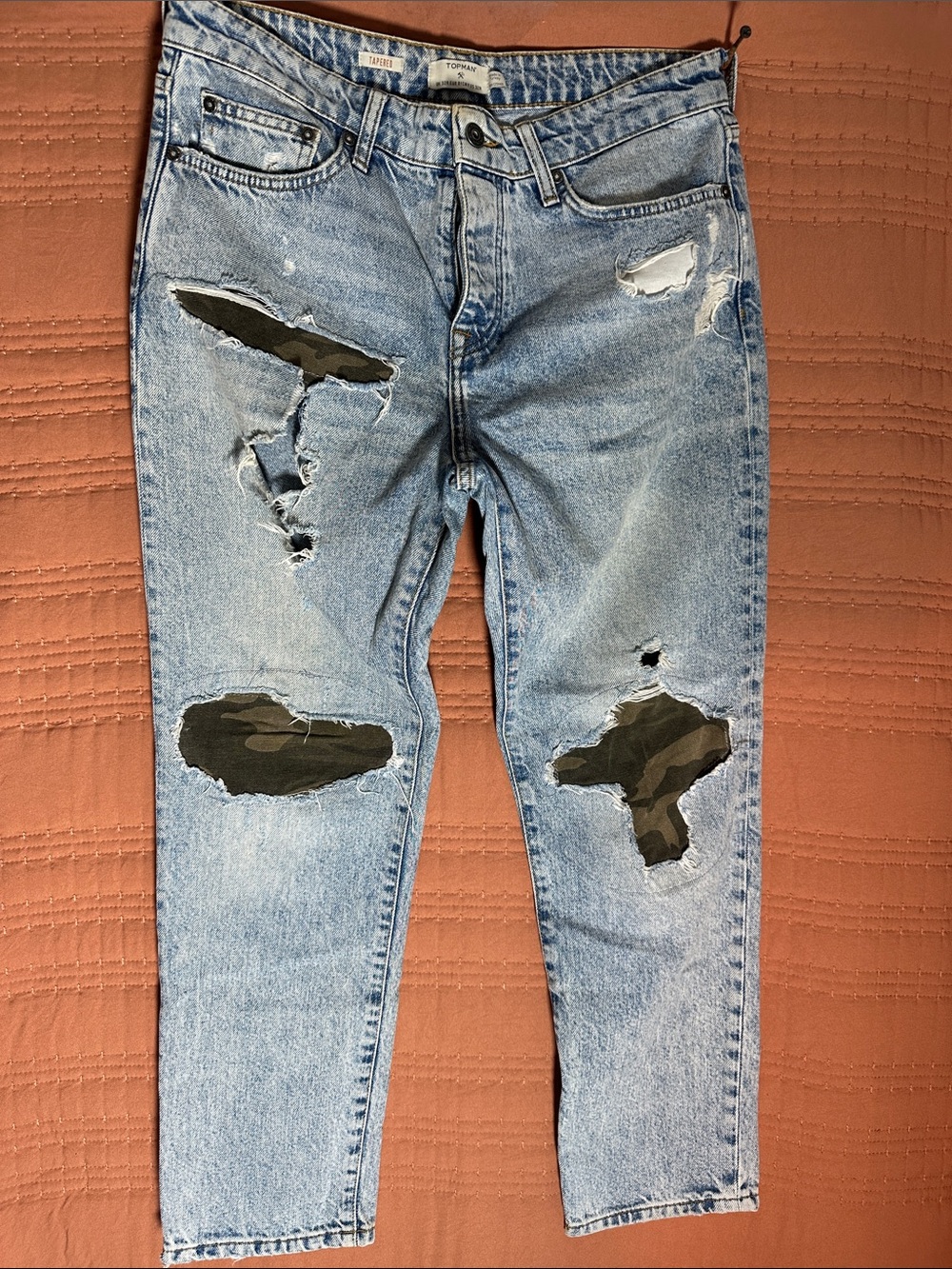 Topman Light Blue Denim Jeans with Camouflage Patch Accents